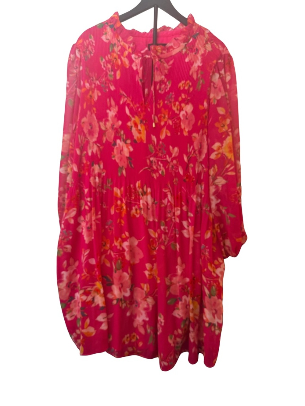Jessica Howard Flowy Bright Pink Floral Pleated Tie-Neck Dress